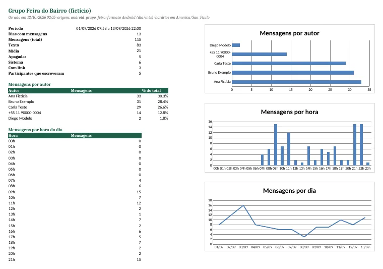Aba de resumo gerada a partir de uma conversa de WhatsApp fictícia