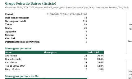 Aba de resumo gerada a partir de uma conversa de WhatsApp fictícia